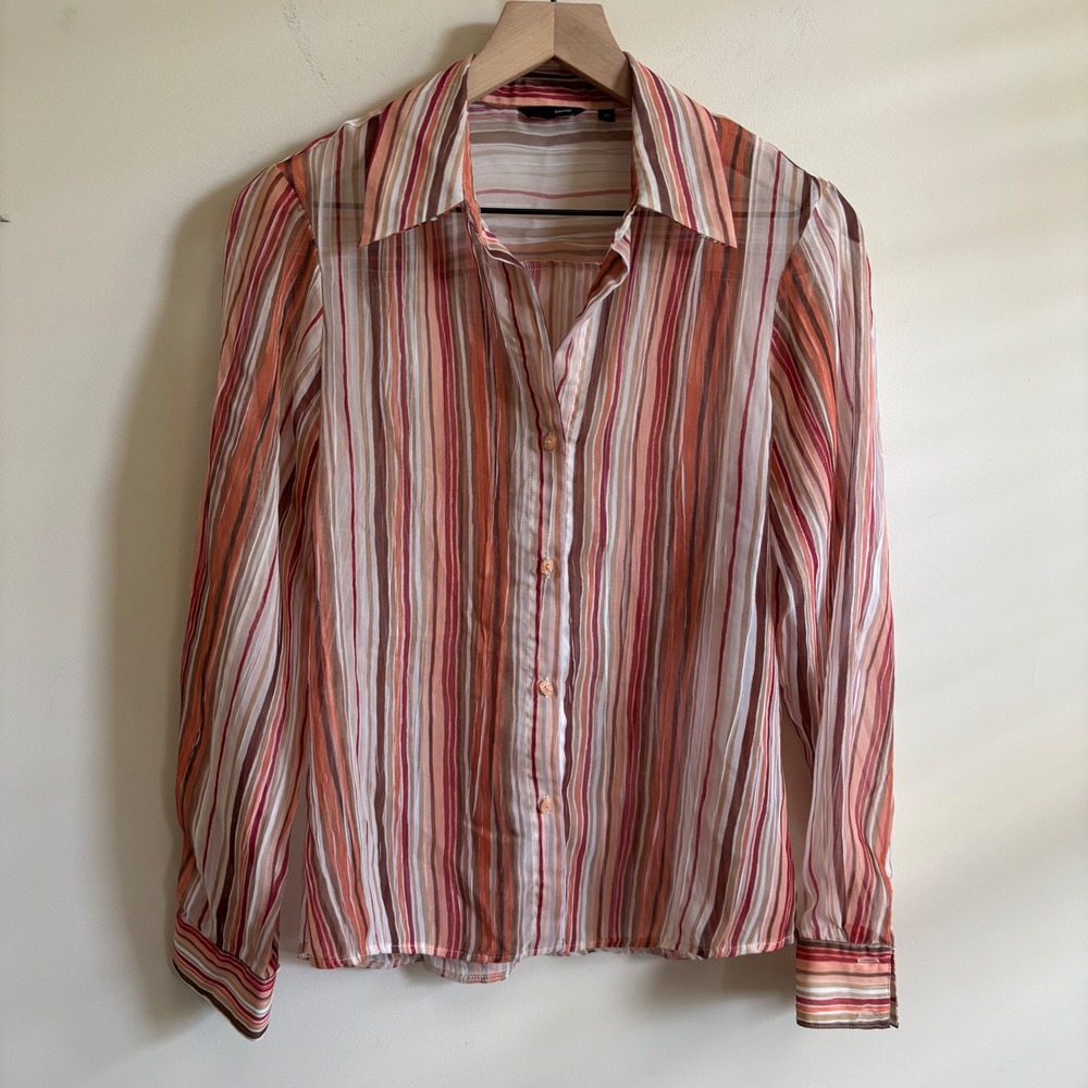 Sahari Womens Orange Red Striped Button Down Blouse Sheer Long Sleeve Size 12